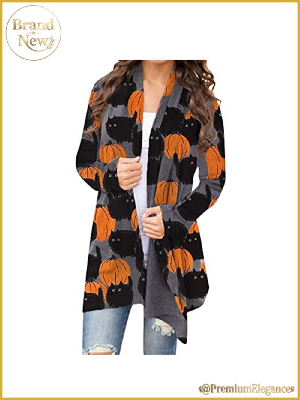 Halloween Cat Pumpkin Cardigan Long Sleeve Open Front Knit Sweater